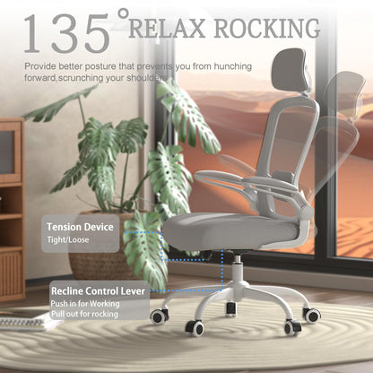 Mimoglad Office Chair, Comfy Desk Chair - High Back Ergonomic Computer Chair with Adjustable Lumbar Support & Headrest, Flip-up Armrests for Guitar Playing (Moon Grey)