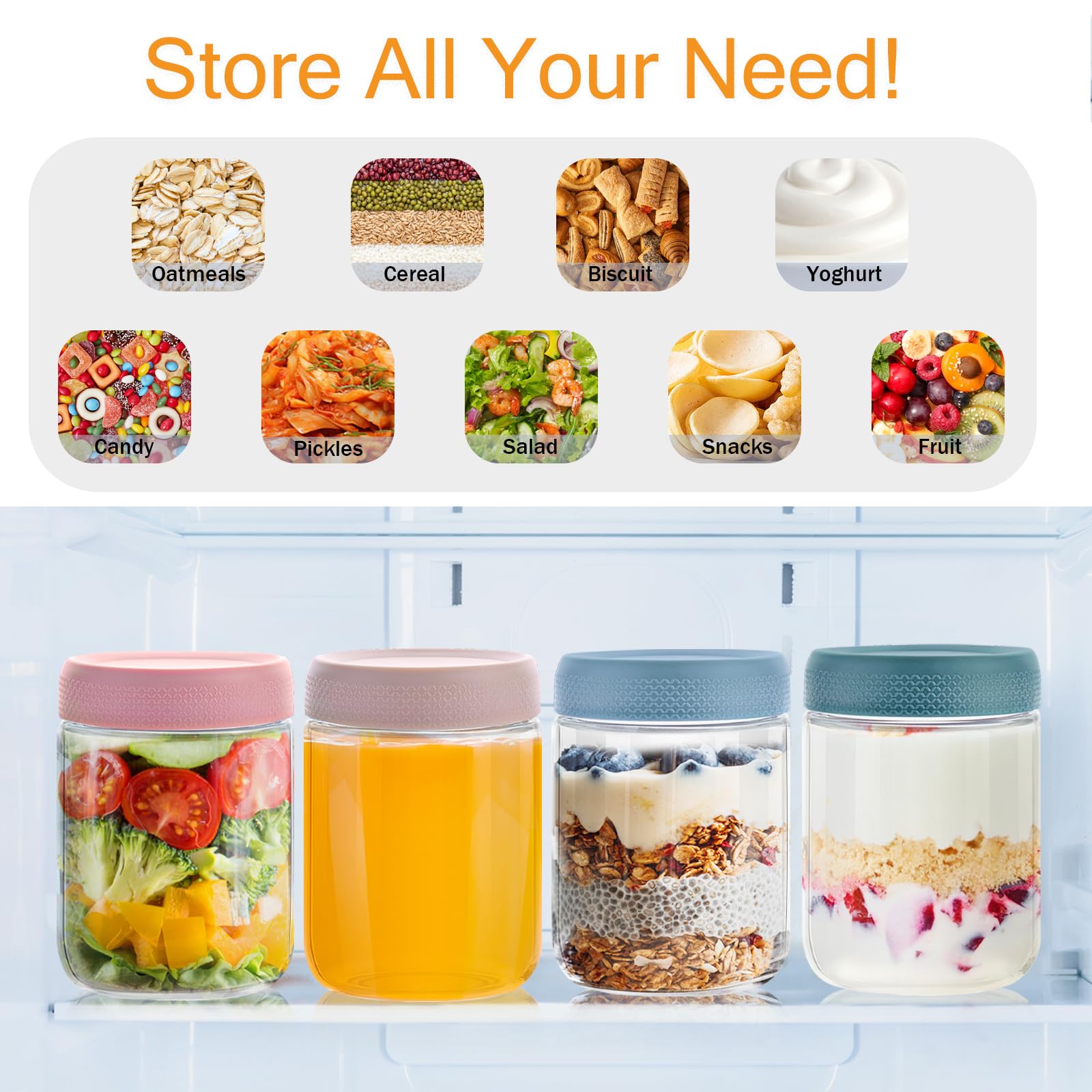 16 OZ Overnight Oats Jar,6 Pack Glass Jar with Lid and Spoon,Reusable Wide Mouth Mason jars for Overnight Oats,Yogurt Snacks Fruit, Salad Dressing, Sauce,Cereal-Leak Proof(500 ml) - Available at All In One Marketplace Canada