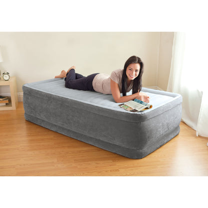INTEX 64411ED Dura-Beam Deluxe Comfort-Plush Elevated Air Mattress: Fiber-Tech – Twin Size – Built-in Electric Pump – 18in Bed Height – 300lb Weight Capacity