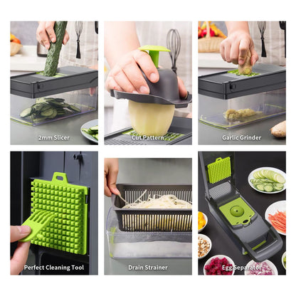 Vegetable Chopper Cutter Slicer Multifunctional 13-in-1 Food Veggie Onion Potato Fruit Chopper Cutter Dicer with Container, 8 Interchangable Blades, Hand Protector, Drain Strainer, Cleaning Brush - Available at All In One Marketplace Canada