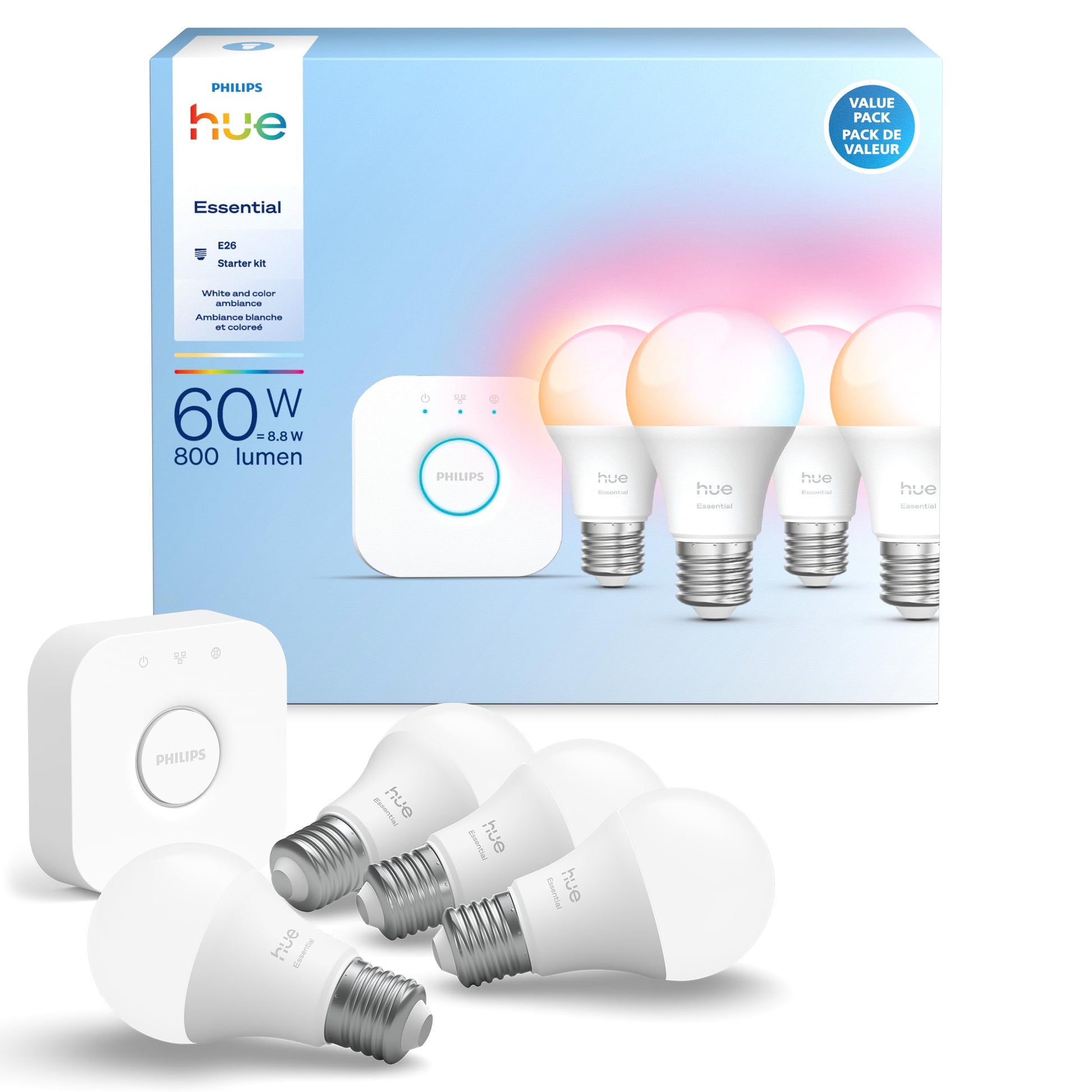 Philips Hue Essential Starter Kit: Bridge + 4 Essential E26 Smart Bulbs, White and Color Ambiance, 2200K-6500K, Dimmable, Works with Alexa, Google Assistant, Samsung SmartThings, Apple Home 🍁 All In One Marketplace Canada Philips Hue