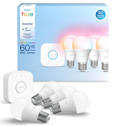 Philips Hue Essential Starter Kit: Bridge + 4 Essential E26 Smart Bulbs, White and Color Ambiance, 2200K-6500K, Dimmable, Works with Alexa, Google Assistant, Samsung SmartThings, Apple Home 🍁 All In One Marketplace Canada Philips Hue