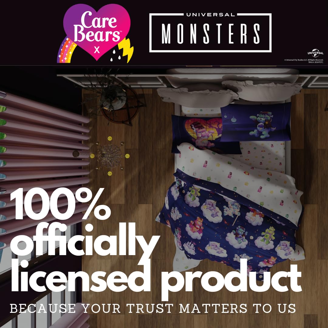Parure de lit Franco Care Bears x Universal Monsters pour Halloween, 5 pièces, ultra-douce et confortable, avec couette réversible, draps et taie d'oreiller, taille lit simple, (produit sous licence officielle)