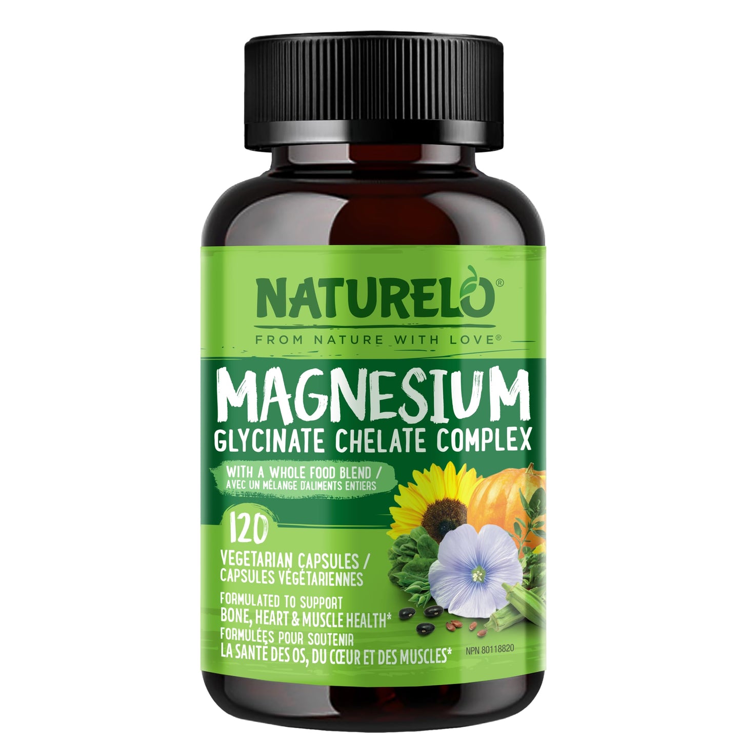 NATURELO Magnesium Glycinate Chelate Complex - 200 mg Magnesium, 120 Capsules, Support Sleep, Calm, Muscle Cramp & Stress Relief, Gluten Free, Non GMO, with Organic Vegetables - Available at All In One Marketplace Canada