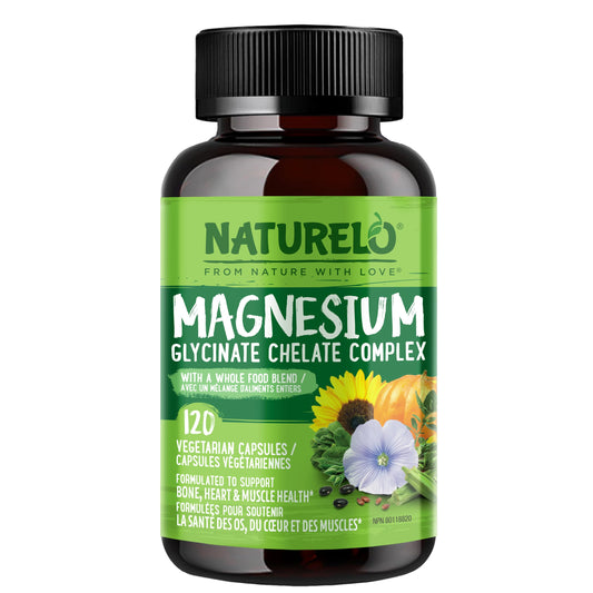 NATURELO Magnesium Glycinate Chelate Complex - 200 mg Magnesium, 120 Capsules, Support Sleep, Calm, Muscle Cramp & Stress Relief, Gluten Free, Non GMO, with Organic Vegetables - Available at All In One Marketplace Canada