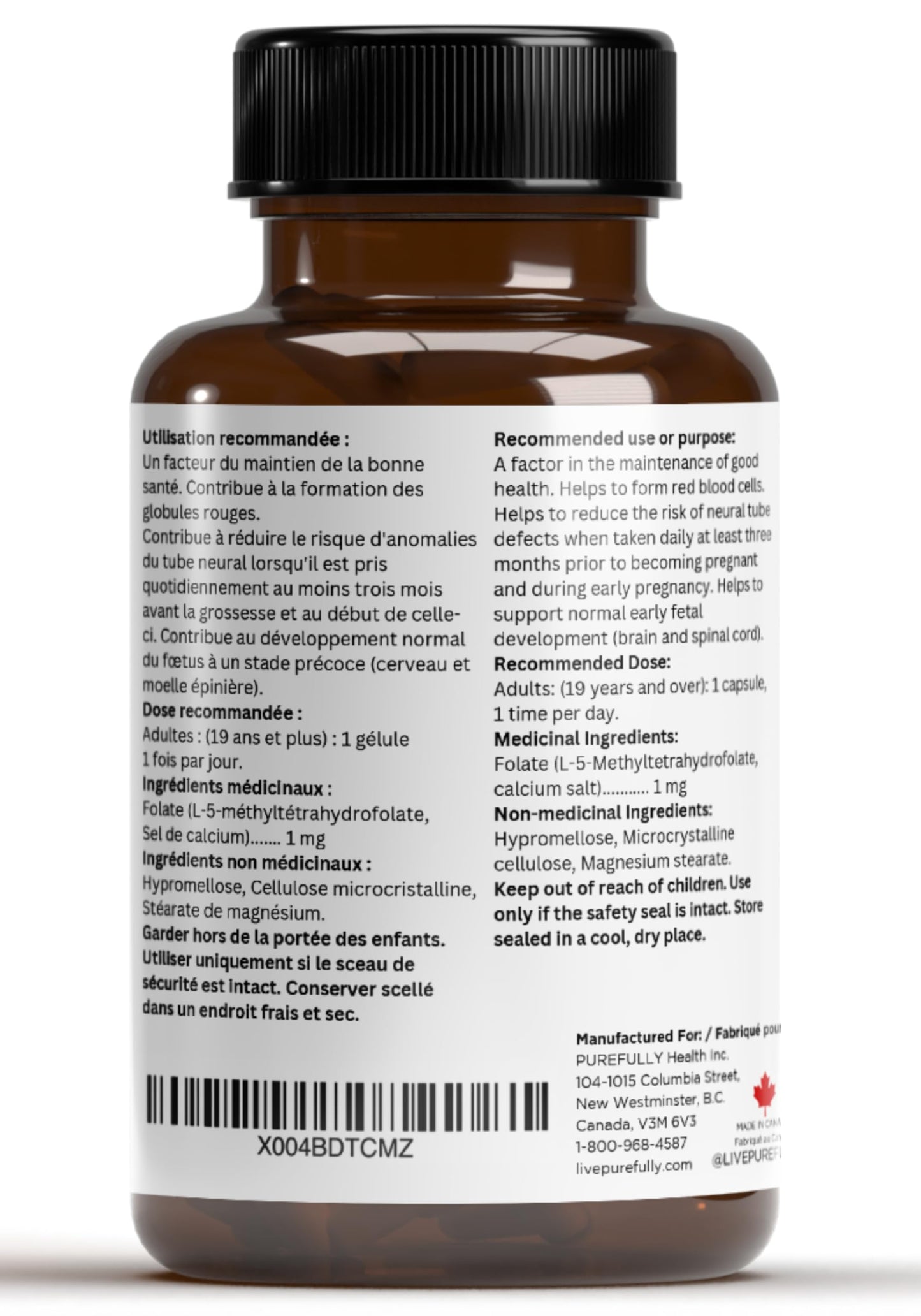 PUREFULLY 5-MTHF 1000mcg, 90 Capsules - L Methylfolate (Active Form of Vitamin B9 Folate) Supplement - Supports Cardiovascular Health and Early Fetal Development - Available at All In One Marketplace Canada