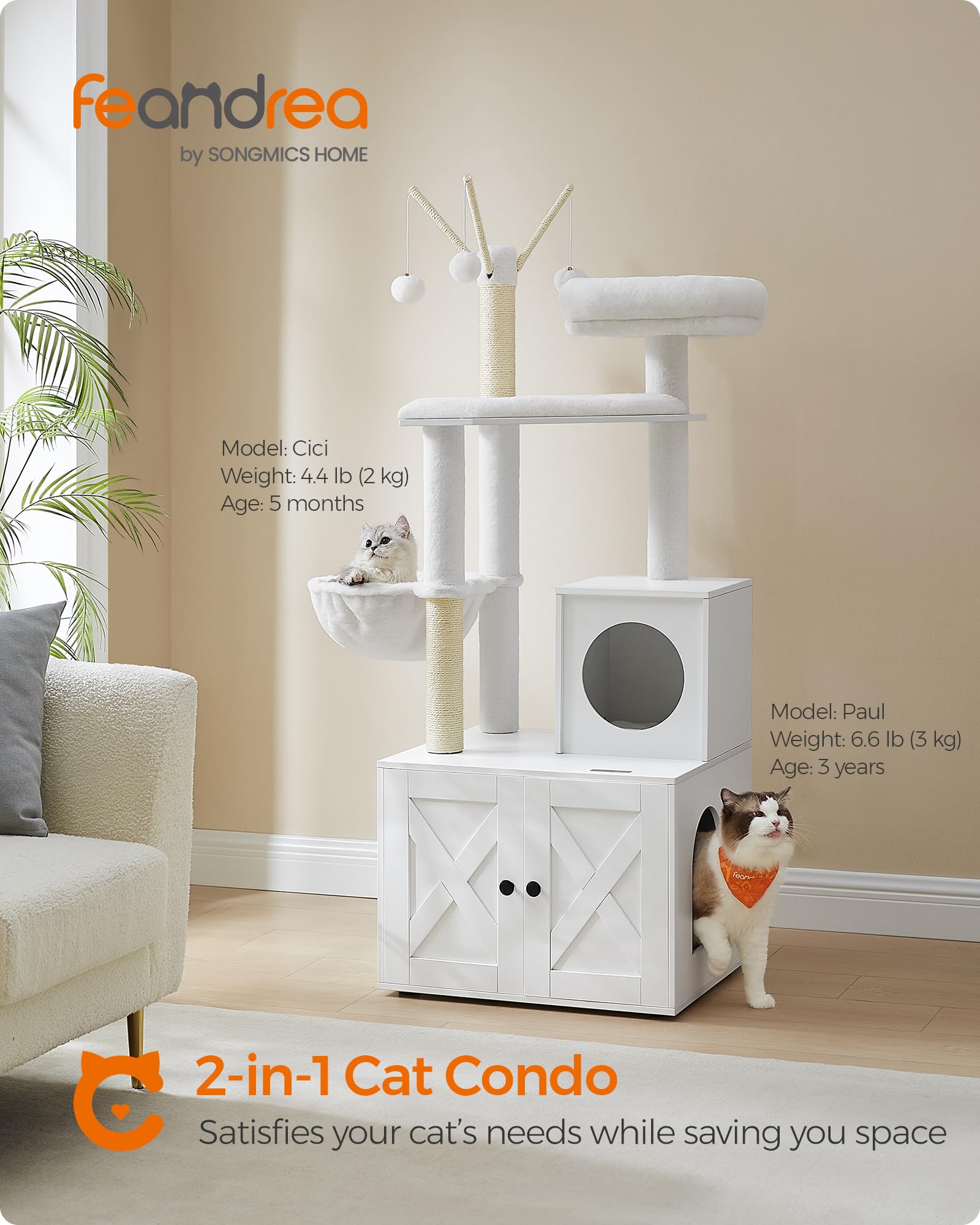 Feandrea WoodyWonders Cat Tree with Litter Box Furniture Hidden Enclosure, 2-in-1 Modern Tower, Cat Condo with Scratching Posts, Removable Pompom Sticks, Cloud White UPCT113W01 Feandrea