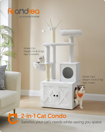 Feandrea WoodyWonders Cat Tree with Litter Box Furniture Hidden Enclosure, 2-in-1 Modern Tower, Cat Condo with Scratching Posts, Removable Pompom Sticks, Cloud White UPCT113W01 Feandrea