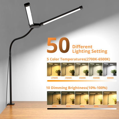 Desk Lamp with Clamp, Eye-Caring Desk Light with 50 Lighting Modes, Wide Double Head, Adjustable Architect Light Flexible Neck, Table lamp for Home Office, Computer, Craft(Includes Adapter) - Available at All In One Marketplace Canada