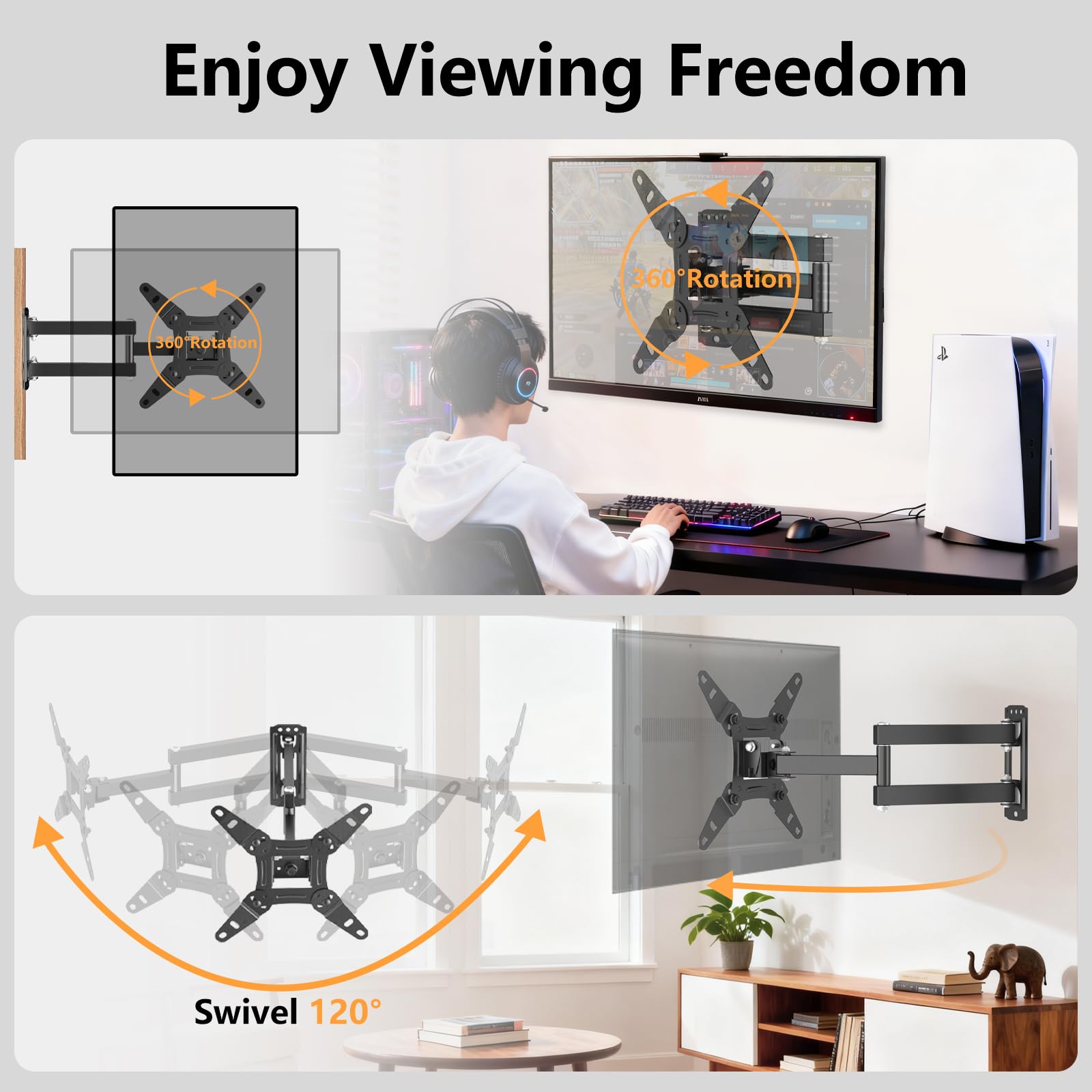 Full Motion Articulating TV Wall Mount Bracket with Swivel Tilt Extension & Rotation, Adjustable Arms for 13-42 Inch Flat/Curved LED LCD TVs & Monitors, Max 44lbs VESA 200x200mm