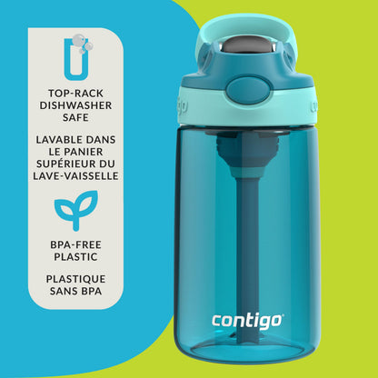 Contigo Kids Aubrey Straw Water Bottle with Leak-Proof Lid, BPA-Free Plastic, Dishwasher Safe, Juniper Jade Vine, 14 oz (414 mL)