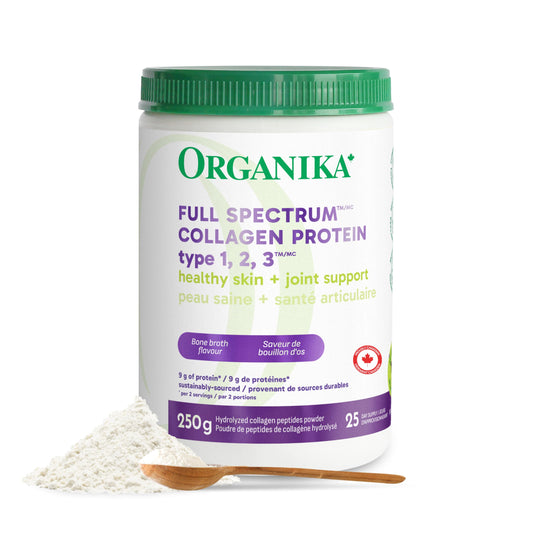 Organika Canadian-Made Full Spectrum Collagen Type 1, 2, 3- Bovine, Marine, and Chicken Collagen Combination- Joint Support, Gut Health Support- Mild Bone Broth Flavour, 250g Organika