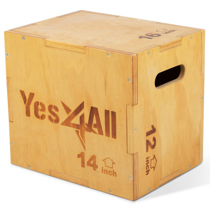 Yes4All 3-in-1 Wooden Plyo Box, Jumping Plyometric Step Platform for Home Gym, 450lb Capacity with Wide Built-in Handles (16"x14"x12" - Basic Wood Finish) Yes4All