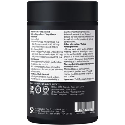 Sports Research Vegan Omega-3 Fish Oil Alternative from Algae Oil - Highest Levels of DHA & EPA Fatty Acids | Non-GMO Verified & Vegan Certified - 60 Veggie Softgels (Carrageenan Free) - Available at All In One Marketplace Canada
