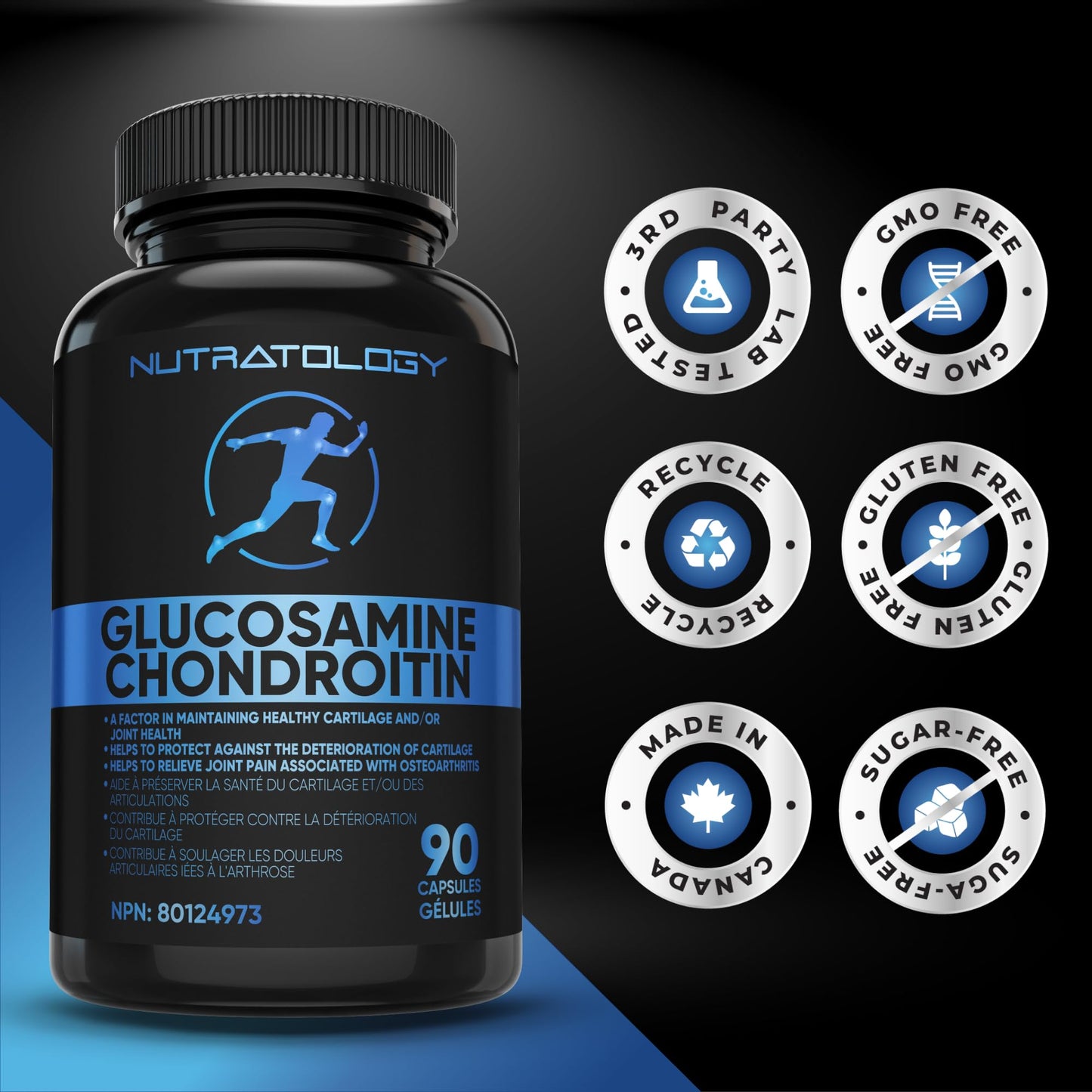 Nutratology® Glucosamine Joint Supplement with Chondroitin, MSM & Turmeric | Canadian-Made | Joint Pain Relief Supplements - 1500MG Glucosamine - Supports Healthy Joints & Cartilage - 90 Capsules - Available at All In One Marketplace Canada