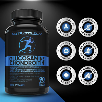 Nutratology® Glucosamine Joint Supplement with Chondroitin, MSM & Turmeric | Canadian-Made | Joint Pain Relief Supplements - 1500MG Glucosamine - Supports Healthy Joints & Cartilage - 90 Capsules - Available at All In One Marketplace Canada