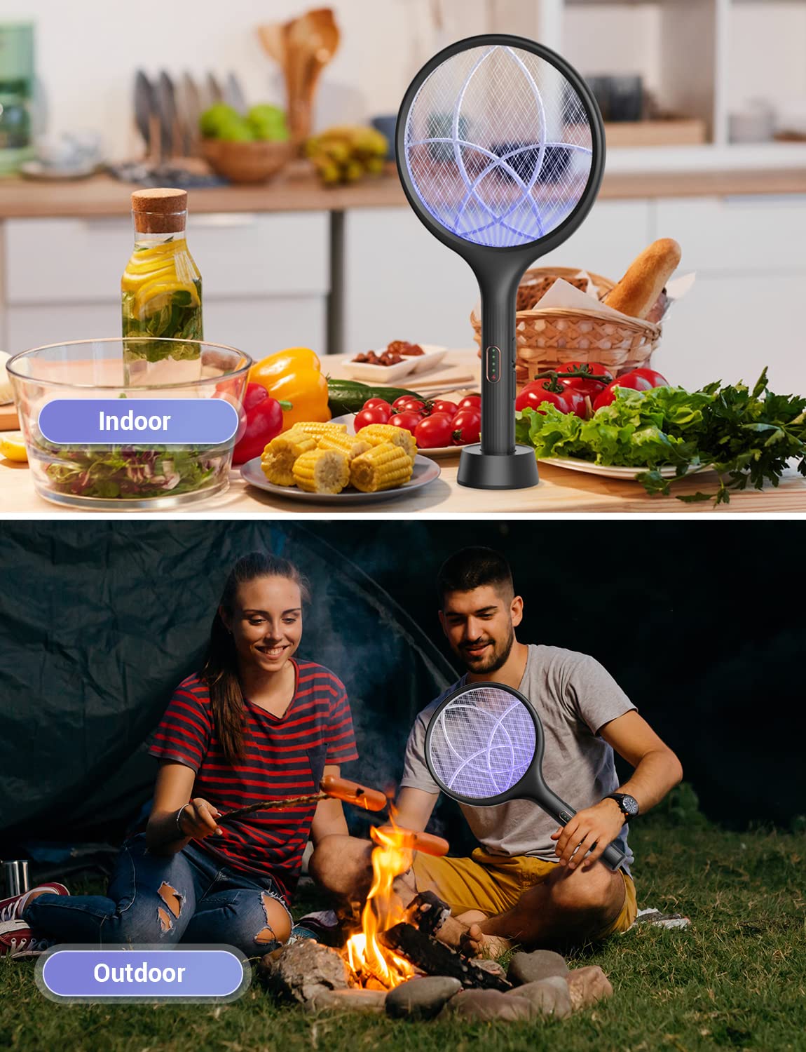 YISSVIC Bug Zapper Racket Electric Fly Swatter Fly Zapper Indoor Outdoor Rechargeable (Black-2 Piece)