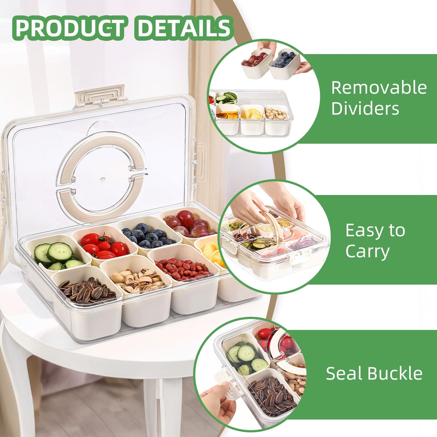 Snackle Box Container with Lid & Handle, Airtight Divided Snack Organizer, Portable Charcuterie Board for Travel, Road Trips, Picnic, Fruits, Veggies, Candy & Nuts