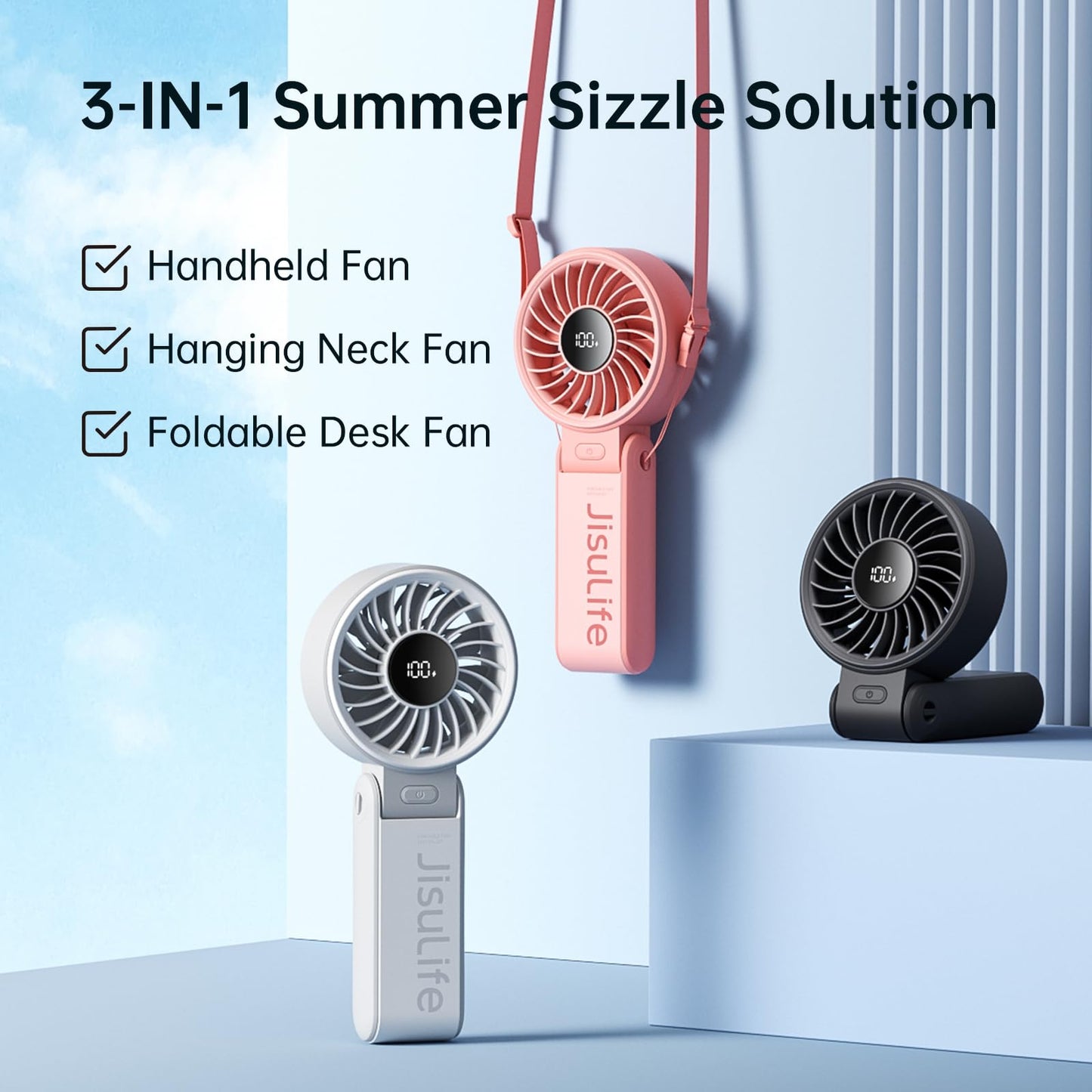 JISULIFE Handheld Fan Life7 – Ultimate Flexibility: High-Power Motor, LED Display, 5000mAh Rechargeable, 5-Speed, Foldable Design, 3-IN-1 Portable Hand/Desk/Neck Fan for Travel, Gift for Women (Black) - Available at All In One Marketplace Canada
