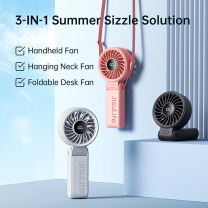 JISULIFE Handheld Fan Life7 – Ultimate Flexibility: High-Power Motor, LED Display, 5000mAh Rechargeable, 5-Speed, Foldable Design, 3-IN-1 Portable Hand/Desk/Neck Fan for Travel, Gift for Women (Black) - Available at All In One Marketplace Canada