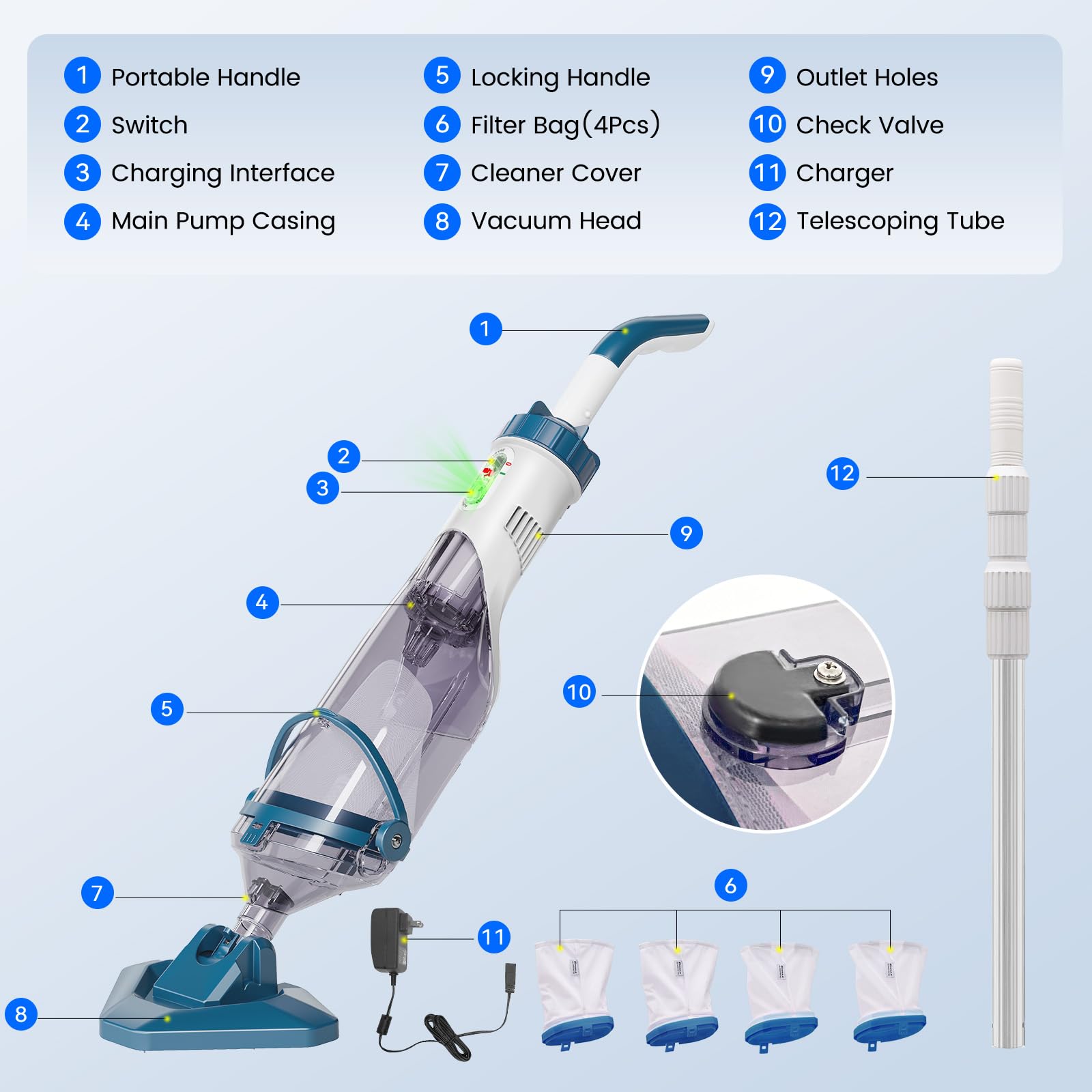 Enhulk Pool Vacuum for Above Ground Pool with Powerful Suction up to 18.5 gallons/min, Running time up to 1H, Handheld Rechargeable Pool Cleaner with a Telescopic Pole, PC10