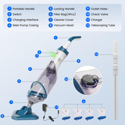 Enhulk Pool Vacuum for Above Ground Pool with Powerful Suction up to 18.5 gallons/min, Running time up to 1H, Handheld Rechargeable Pool Cleaner with a Telescopic Pole, PC10