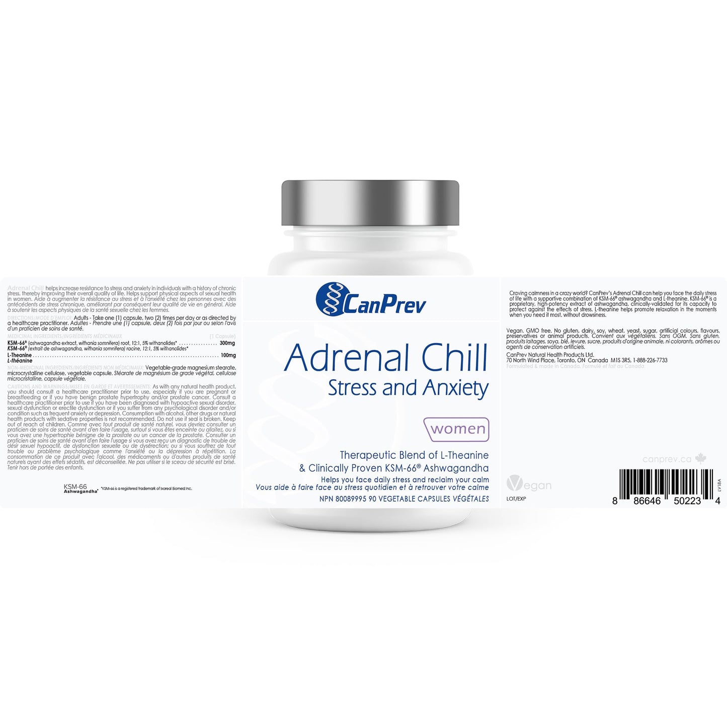 CanPrev Adrenal Chill Women, 90 Veg Capsules, 45-Day Supply with 300mg KSM-66 Ashwagandha & L-Theanine for Calm Focus & Relaxation, Non-GMO, Made in Canada - Available at All In One Marketplace Canada