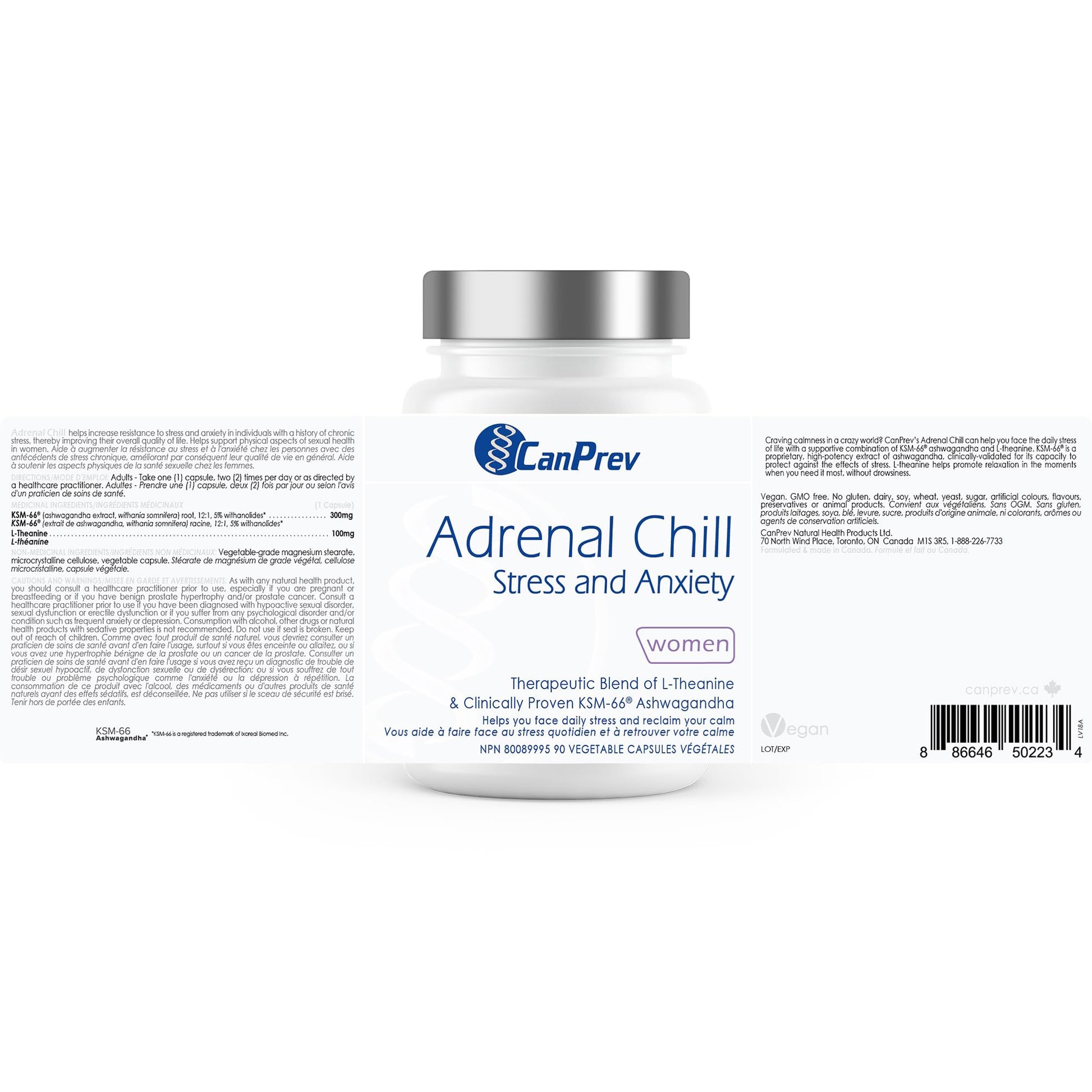 CanPrev Adrenal Chill Women, 90 Veg Capsules, 45-Day Supply with 300mg KSM-66 Ashwagandha & L-Theanine for Calm Focus & Relaxation, Non-GMO, Made in Canada - Available at All In One Marketplace Canada