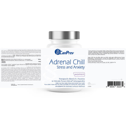 CanPrev Adrenal Chill Women, 90 Veg Capsules, 45-Day Supply with 300mg KSM-66 Ashwagandha & L-Theanine for Calm Focus & Relaxation, Non-GMO, Made in Canada - Available at All In One Marketplace Canada