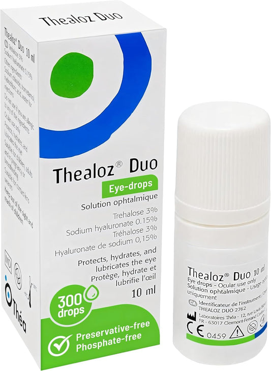 Thea Pharma Thealoz Duo Eye Drops, Clinically Proven for Dry Eyes, Hydration with Hyaluronic Acid & Trehalose, Tear Film Stabilization, Contact Lens Compatible - 10 ml (300 Drops)