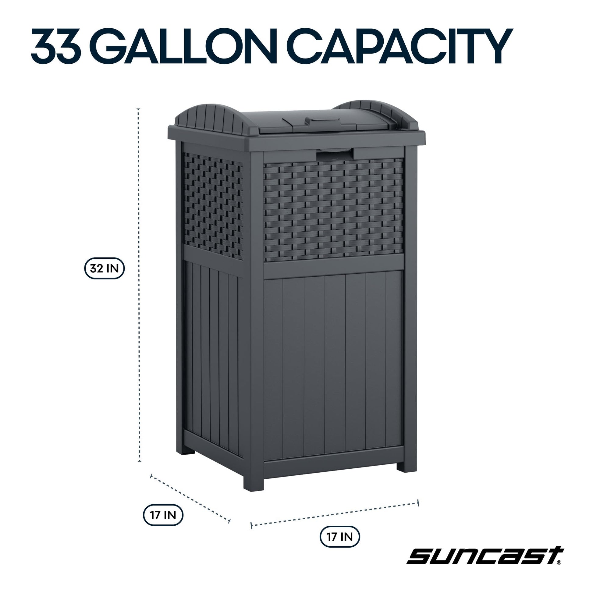 Suncast 33 Gallon Wicker-Style Hideaway Trash Can with Secure Latching Lid and Weather-Resistant Construction for Patio, Cyberspace Grey, Made in the USA Suncast