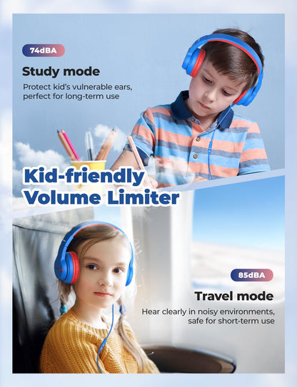 iClever HS19 Kids Headphones with Microphone for School, Volume Limiter 74/85dBA, Over-Ear Girls Boys Headphones for Kids with Shareport, Foldable Wired for iPad/Fire Tablet/Travel, Blue
