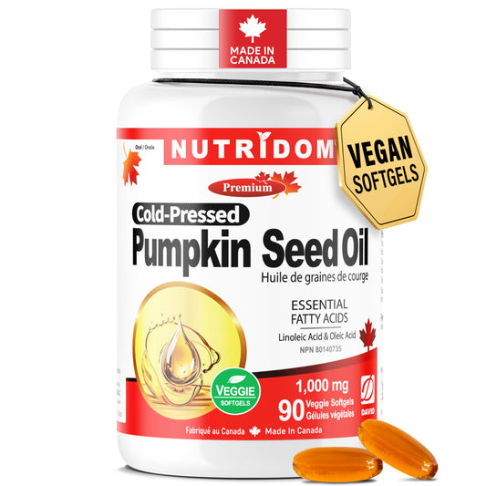 Nutridom Pumpkin Seed Oil Capsules 1000 mg, 90 Veggie Softgels, Cold-Pressed, Essential Fatty Acids, Linoleic & Oleic Acid, Vegan, Non-GMO, Gluten Free, Soy Free, Made in Canada - Available at All In One Marketplace Canada