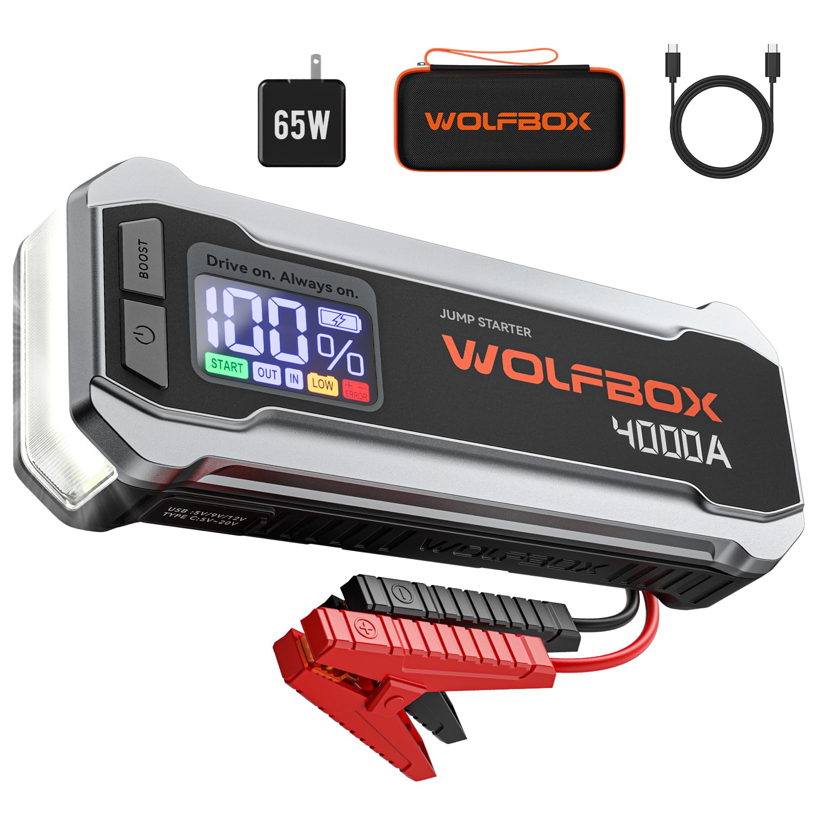 WOLFBOX MV24 4000A Jump Starter,12V Car Booster Pack with 65W Quick Charger,LED Display, 88.8Wh Portable Jump Starter Battery (10L Gas 10L Diesel Engine) with LED Light, Jumper Cables