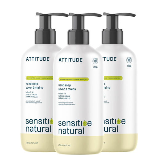 Savon pour les mains ATTITUDE pour peau sensible à l’avoine, fait au Canada, certifié EWG, testé dermatologiquement, végétalien, parfum crème de vanille, 473 mL (paquet de 3)