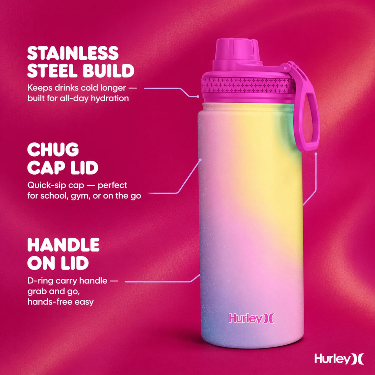 Hurley 16 Oz Reusable Water Bottle with Chug Cap Stainless Steel Sports Bottle, Pink Cyclone