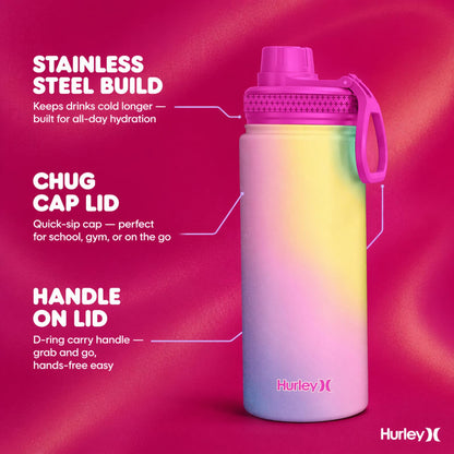 Hurley 16 Oz Reusable Water Bottle with Chug Cap Stainless Steel Sports Bottle, Pink Cyclone