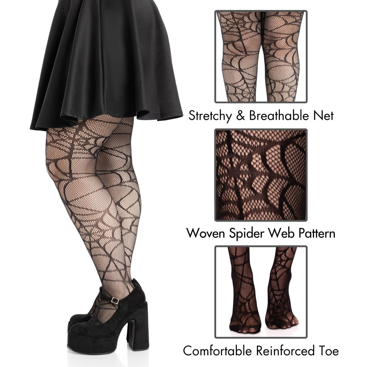 Leg Avenue Spiderweb Halloween Tights Goth Fishnets Alt Clothes Black Patterned Tights for Women, Black, Black, 1X-2X