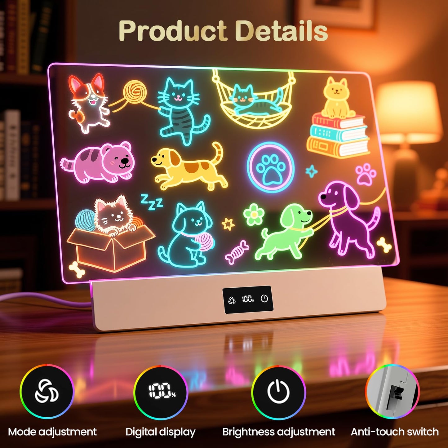 TAEMVV 16 Inch LED Drawing Board for Kids with Display, Rechargeable Light Up LCD Writing Tablet with 15H Battery & Stand, 8 Colors 3 Dynamic Modes Glow Light Board for Toy Birthday Gifts - Available at All In One Marketplace Canada
