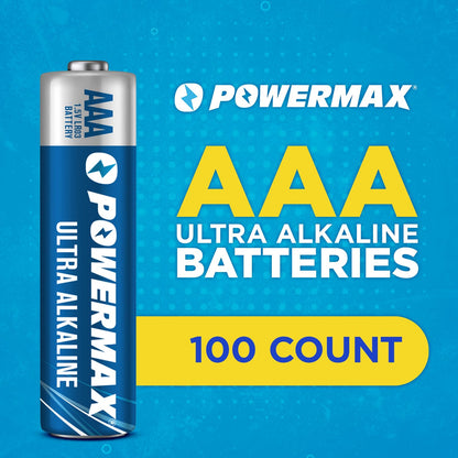 Powermax 100-Count Triple AAA Batteries, Ultra Long Lasting Alkaline Battery for Home and Office, 10-Year Shelf Life, Reclosable Packaging Powermax