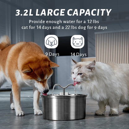 DOOOB 108oz/3.2L Cat Water Fountain Stainless Steel, Ultra-Quiet Automatic Metal Pet Fountain for Cats and Small Dogs, Stainless Steel Cat Water Fountain with 1 Filter & 1 Sponge