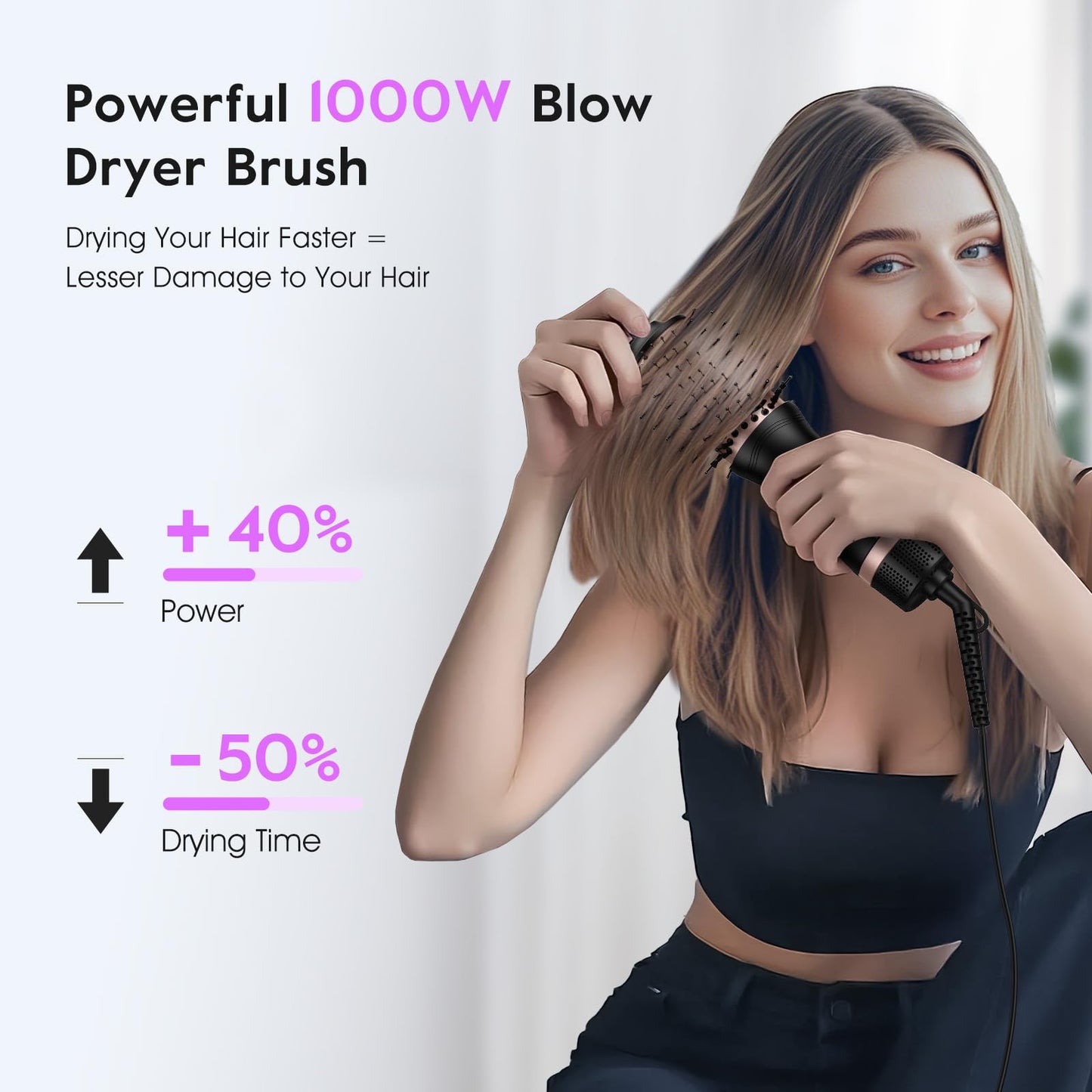 slopehill Mini Dual Voltage Hair Dryer Brush,1000 Watts Travel Hot Air Brush with European Plug, Ionic Hair Dryer and Styler for Women for Home & Salon, Oval Barrel 2 Heat & 2 Speed Settings - Available at All In One Marketplace Canada