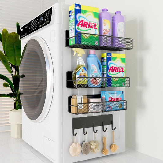 4 Pack Magnetic Shelves for Washing Machine, Heavy-Duty Magnetic Laundry Organizer with Hooks, Washing Machine Shelf for Refrigerator, Metal Storage Baskets, Closet & Laundry Room Organization(Black)