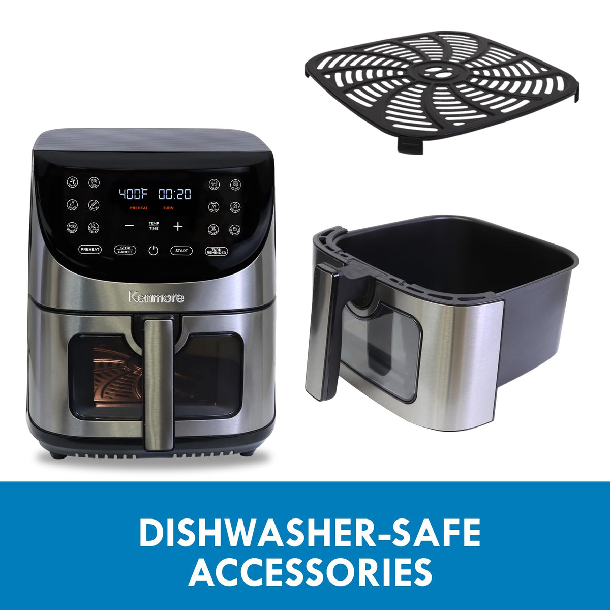 Kenmore 8 Qt Air Fryer 1700W 12 Presets Digital Touch Screen Stainless Steel Family Size Nonstick Basket Easy Cleanup Dishwasher Safe OilLess Cooking