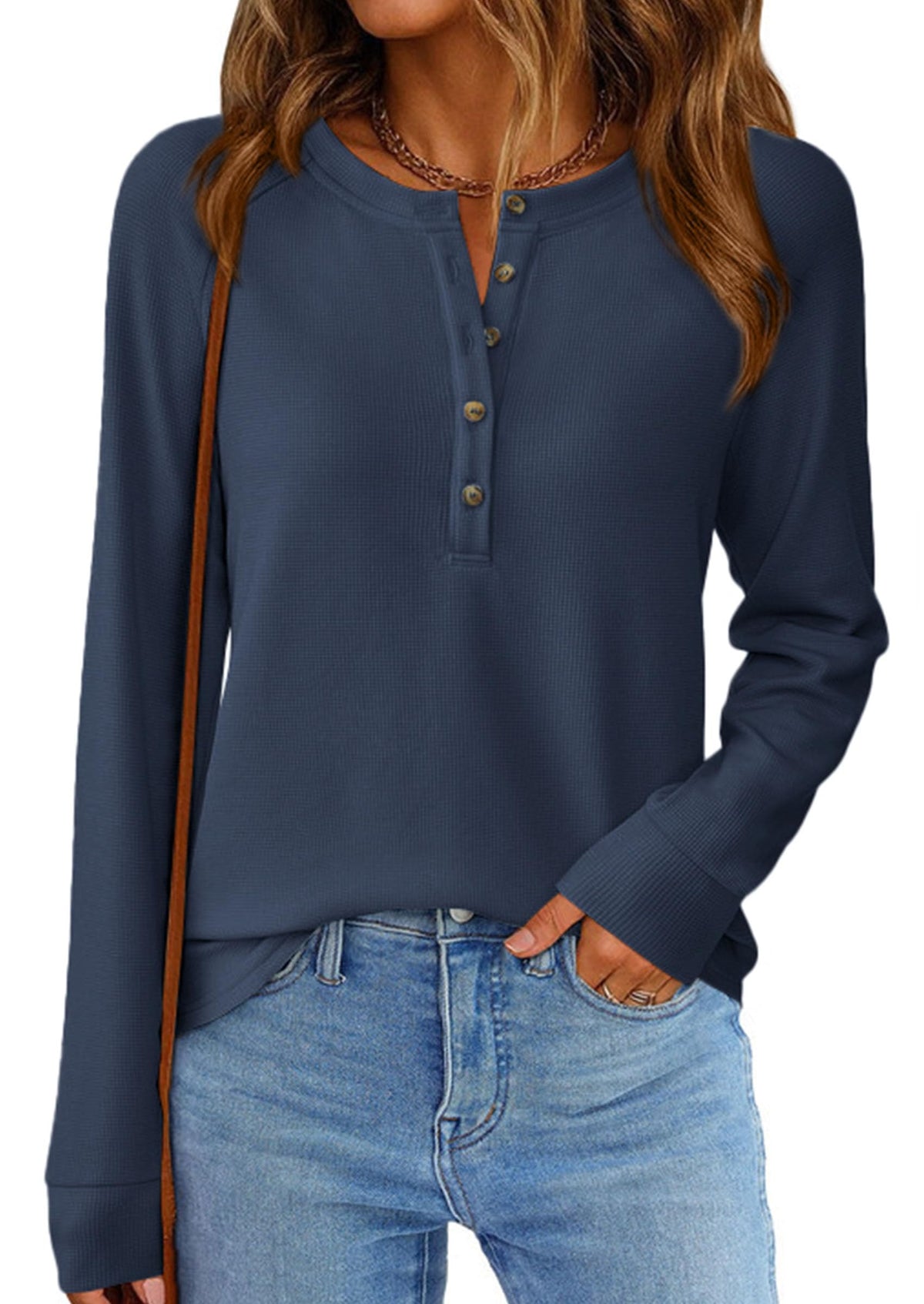 PRETTYGARDEN Women's Long Sleeve Waffle Knit Henley Shirts Navy Blue,M 🍁 All In One Marketplace Canada