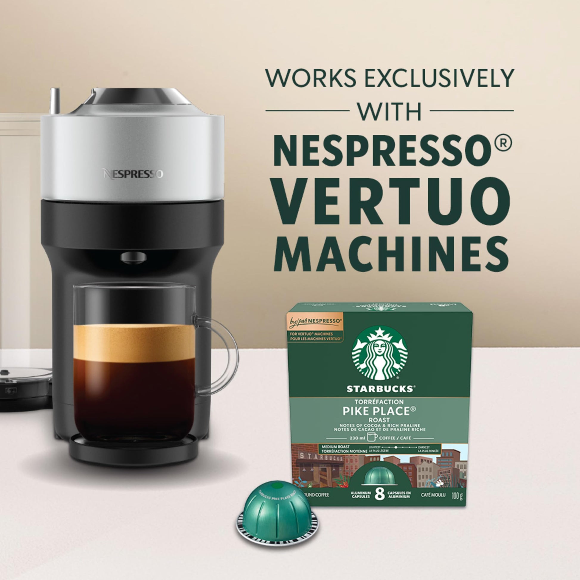 Starbucks Pike Place Roast Medium Roast Coffee Capsules for Nespresso Vertuo – 32 Pods (4 Boxes of 8)