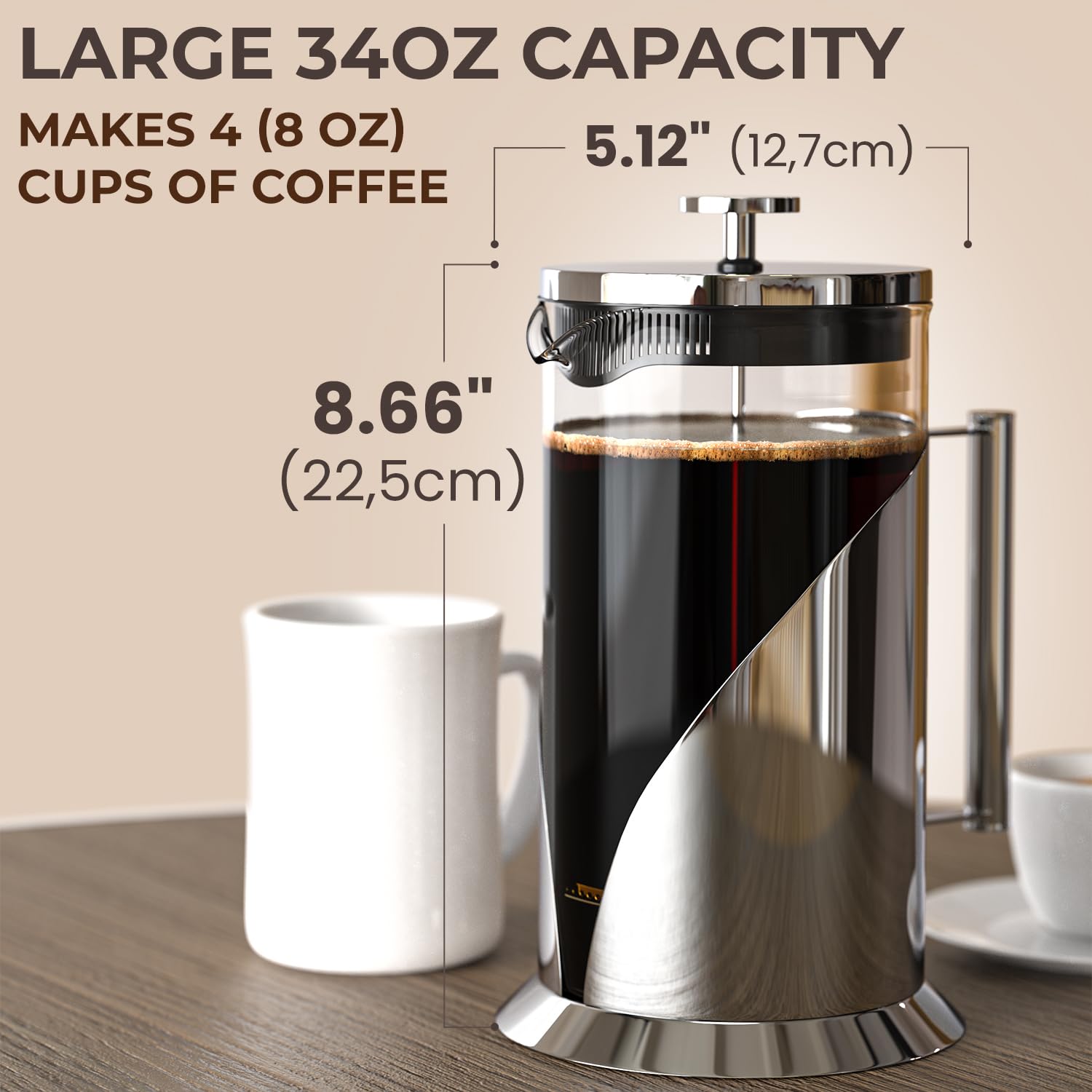 French Press Coffee Maker 34oz – Stainless Steel & Glass Coffee Press with 4-Level Filtration, BPA-Free Cafetiere for Camping or Home – Large, Durable for Hot & Cold Brew - Available at All In One Marketplace Canada
