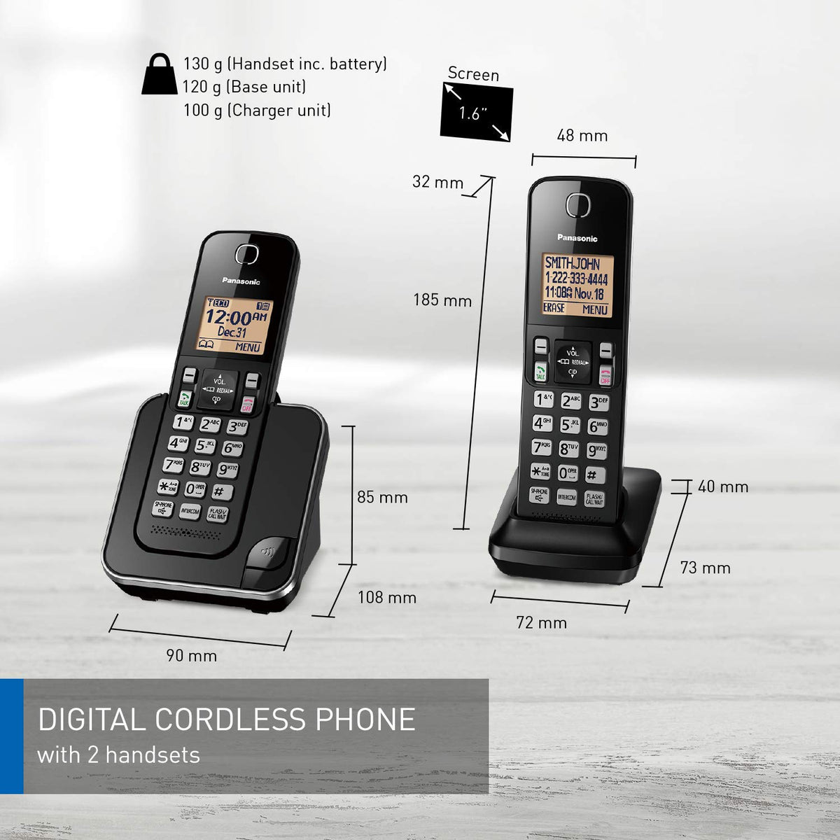 Panasonic DECT 6.0 Expandable Cordless Phone with Call Block - 2 Cordless Handsets - KX-TGC382CB (Black)