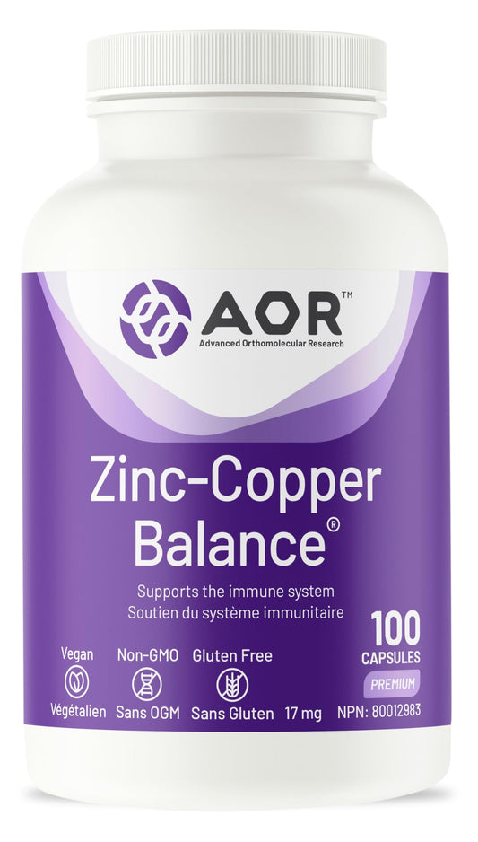 AOR Zinc Copper Balance 17mg, 100 V-Caps, 100-Day Supply - Nutrient Support for Skin, Hair, Bone & Overall Wellness, NON-GMO & Gluten-Free, Easy-to-Swallow, Zinc & Copper Supplements for Men & Women - Available at All In One Marketplace Canada