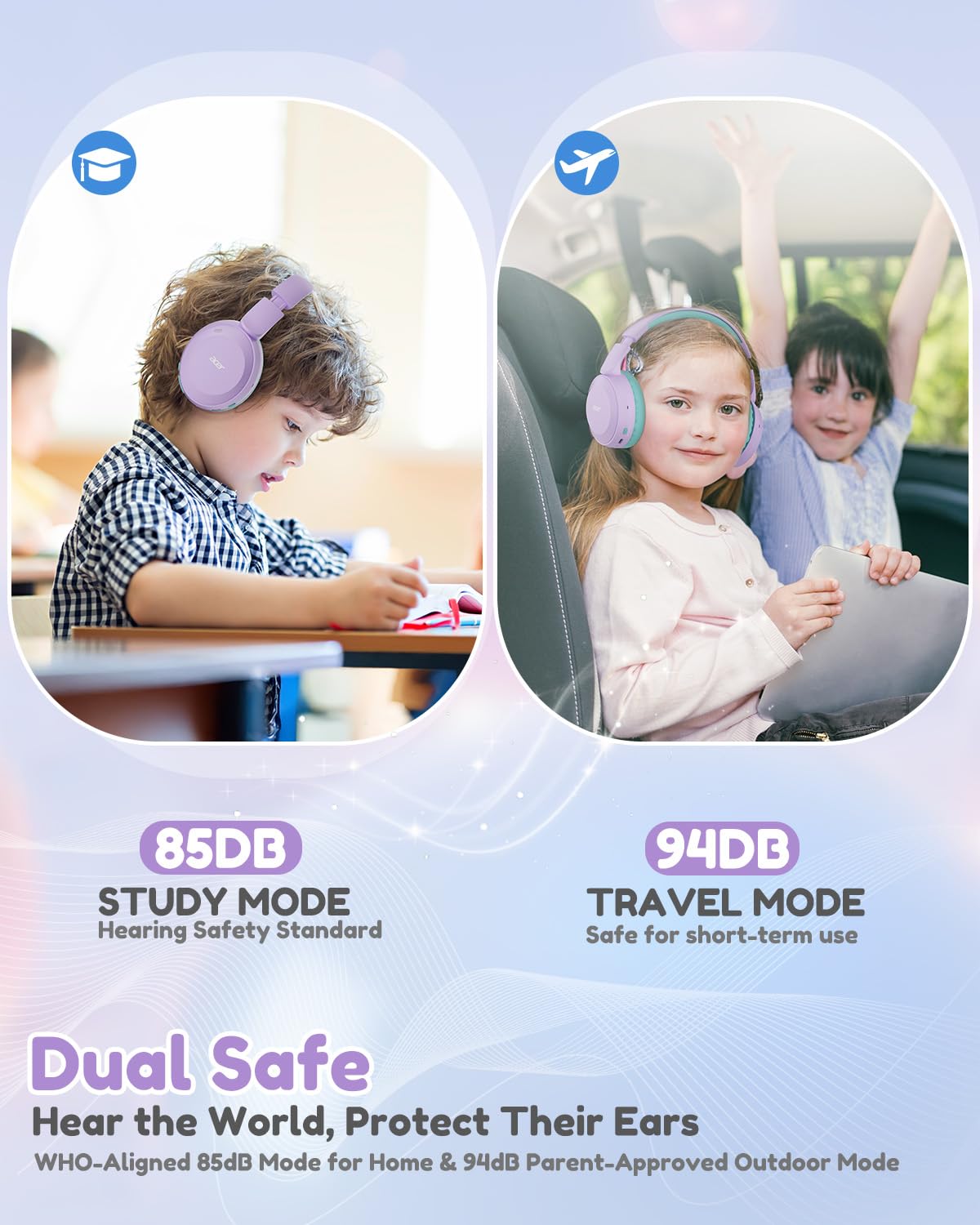 acer Kids Bluetooth Headphones, 85/94dB Volume Limiter, Foldable Wireless Over-Ear Headphones for iPad, Travel, 60H Playtime, Bluetooth 6.0, Built-in Mic, Purple Green, OHR668